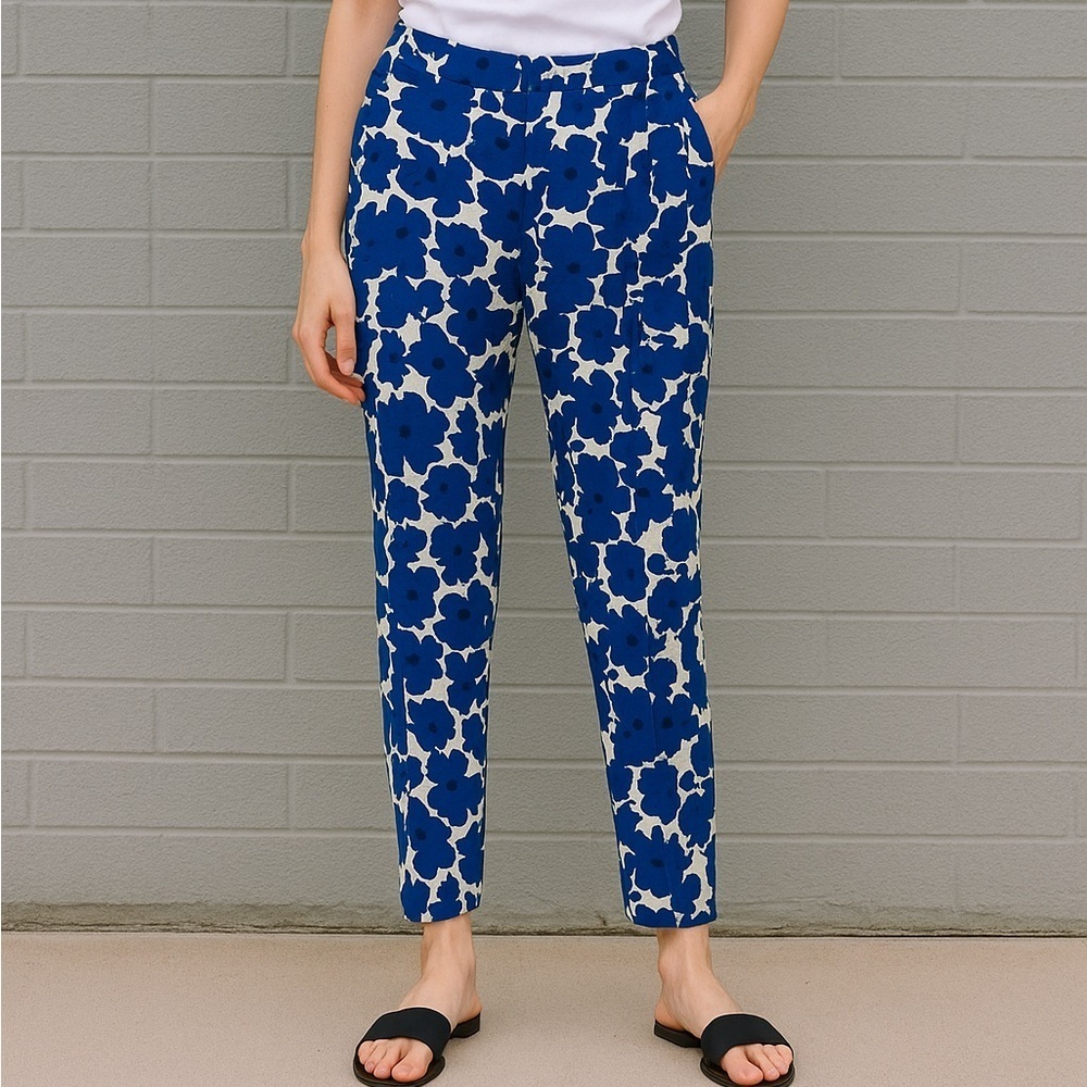 H&M Blue White Floral Patterned High Waisted Slim Ankle Length Trouser Pants 6